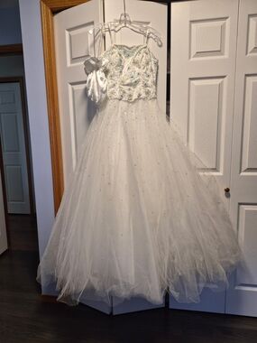 Mori Lee White Tulle Formal Dress with Beaded Bodice
